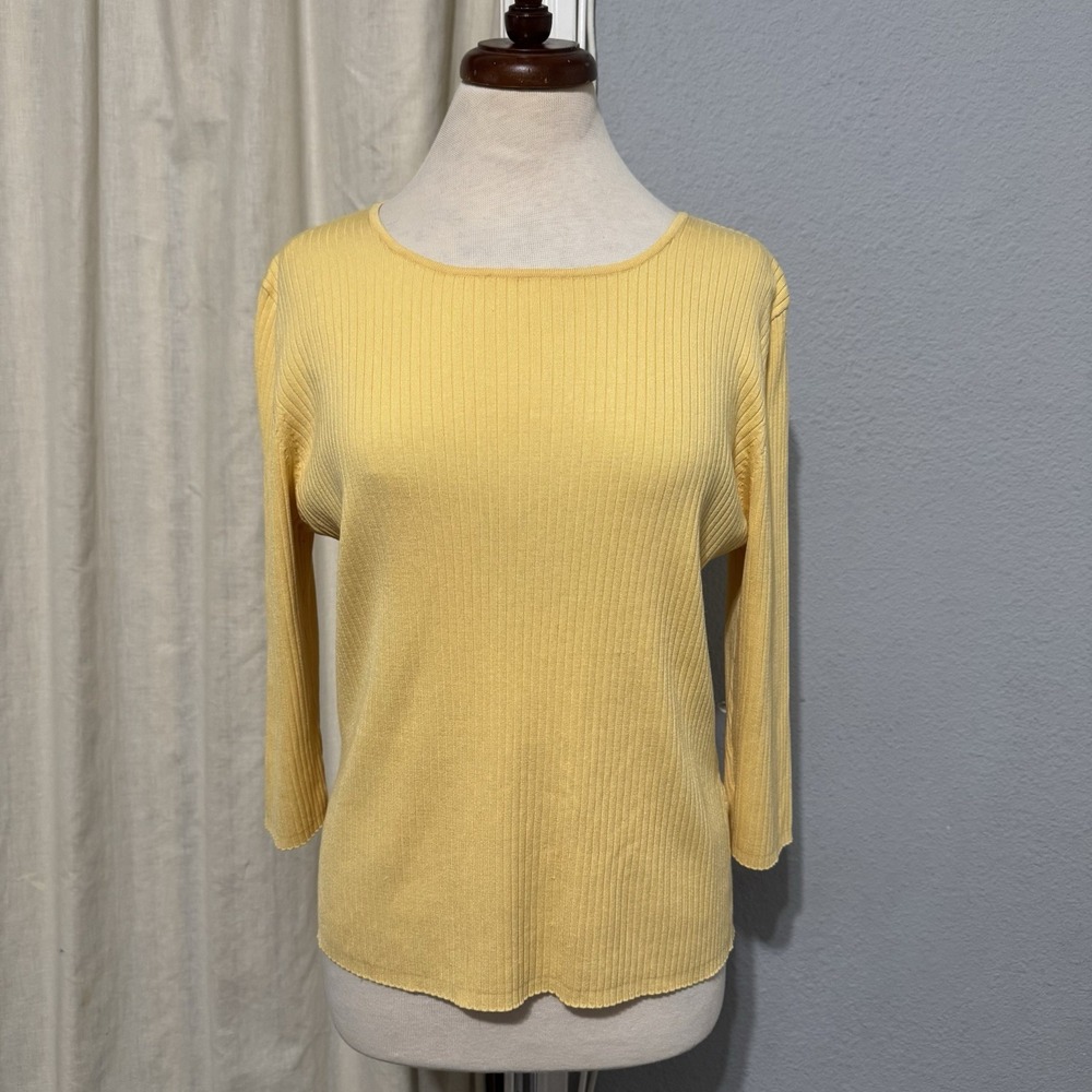 August Silk Women Ribbed Fitted Scoop‎ Neck Knit Top Yellow 3/4 Sleeve XL Silk
